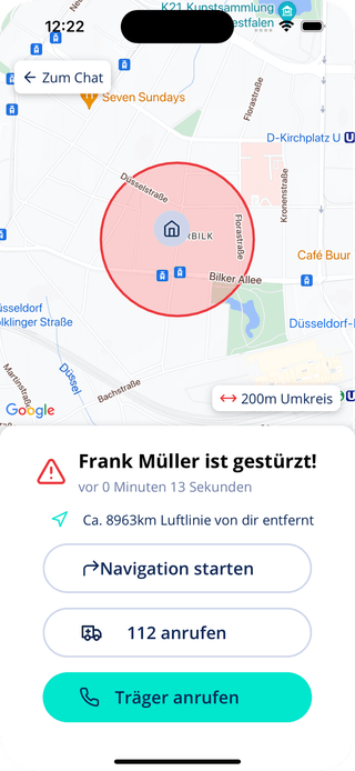 Es liegt ein Screendesign der My Gardia App vor, die eine Sturzbenachrichtigung mit Optionen zur Navigation, Alarmierung der Rettungsdienste und Kontaktaufnahme visualisiert. 
