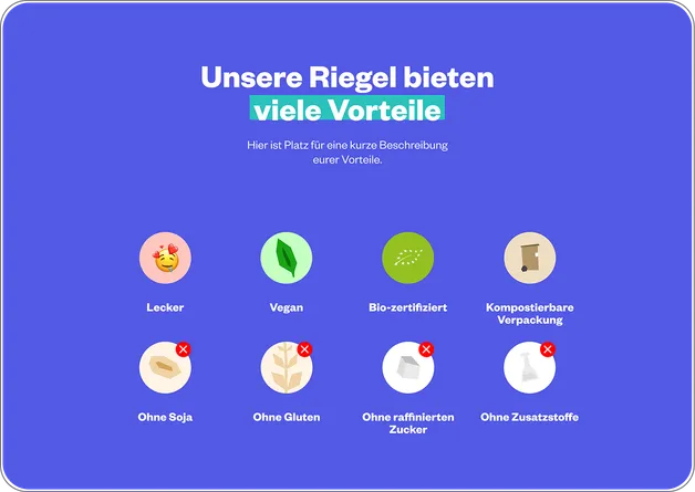 Übersicht, die die wichtigsten Vorteile, Inhaltsprinzipien und Qualitätsmerkmale der Treatfuls-Produkte visualisiert.