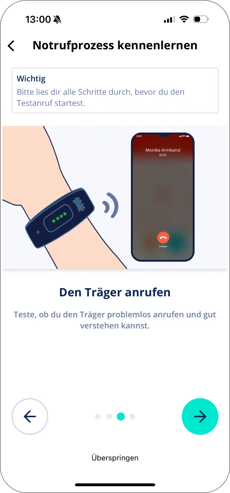 Onboarding-Ansicht, die veranschaulicht, wie während eines Notrufs eine direkte Sprachverbindung zum Träger aufgebaut wird.