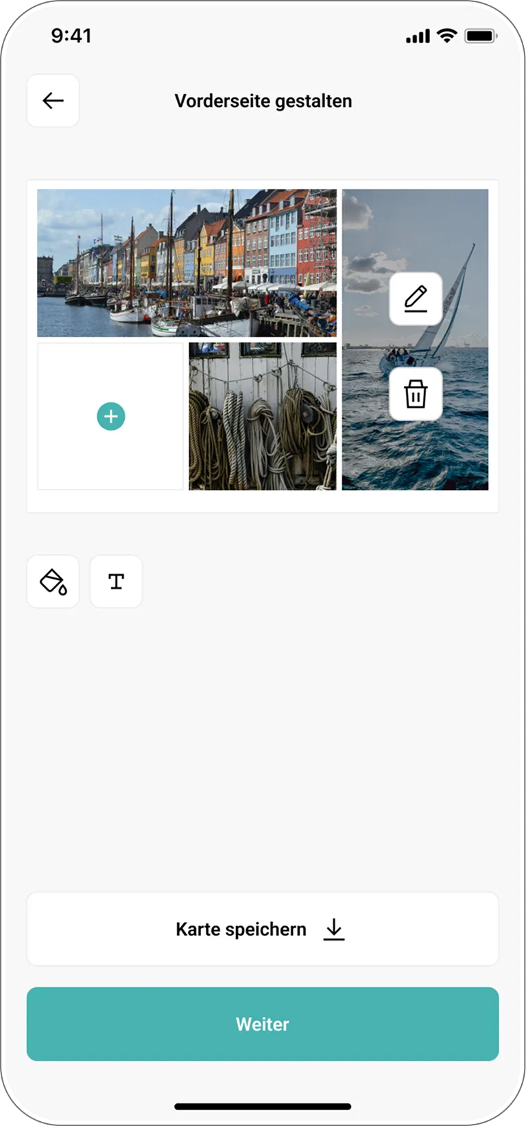Gestaltungsansicht der Kartenfront, in der Bilder zu einer individuellen Collage angeordnet werden.