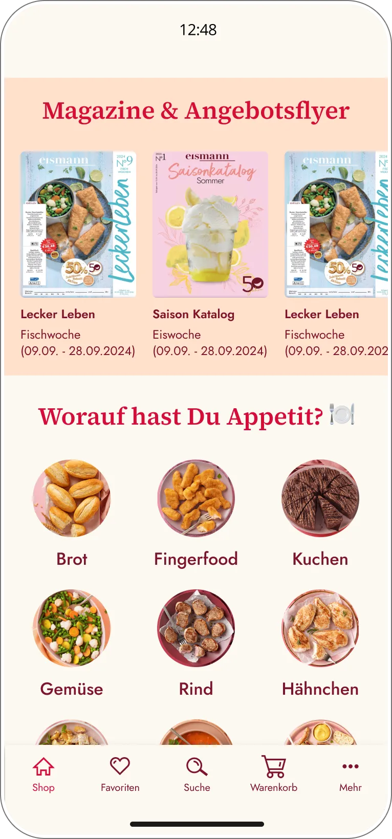 Shop mit Magazinen und Produktkategorien in der Eismann App.