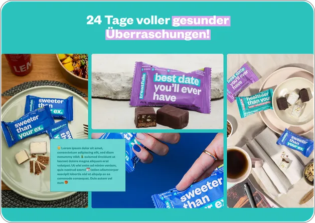 Bildcollage aus Produktaufnahmen und Alltagsszenen, die Genuss, Nutzung und Markenwelt von Treatfuls zeigt.