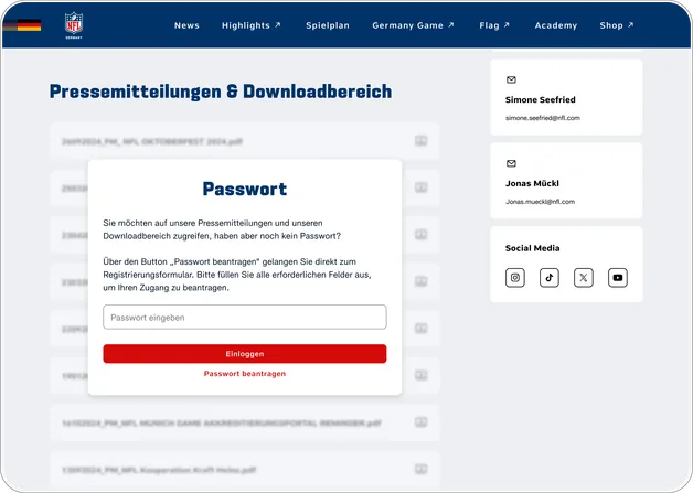 Pressebereich der NFL-Germany-Plattform mit Downloadbereich und passwortgeschütztem Zugang